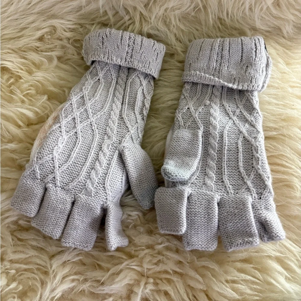 Muk Luks Gray and Cream Knit Scarf Hat and Fingerless Gloves Set